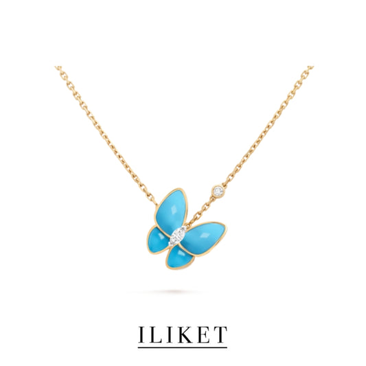 1:1 Two Butterfly pendant 18K yellow gold with Diamond & Turquoise elegant classic butterfly necklace Two Butterfly Pendant