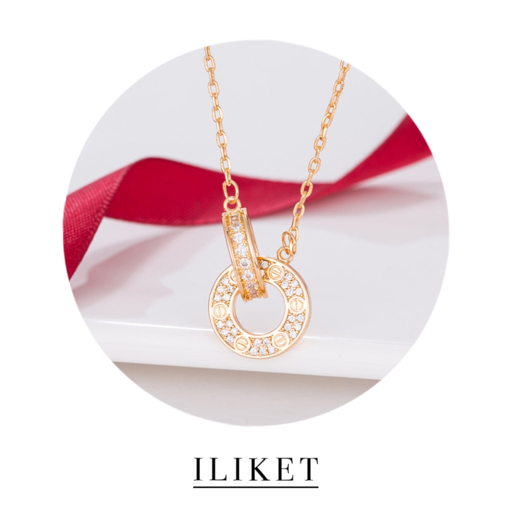 1:1 S925 silver rose gold &yellow gold &white gold full diamond Pendant LOVE necklace Interlocking Pave Necklace Double circle double buckle clavicle chain