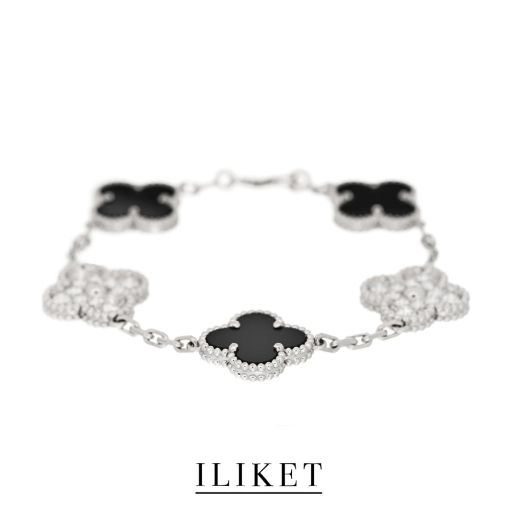 1:1 Clover Five-Flower Plated 18K white gold Natural black chalcedony & full diamond Bracelet