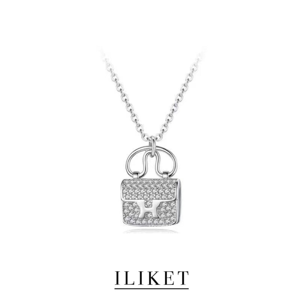 1:1 S925 silver with 18K rose gold full diamond necklace H bag pendant clavicle chain