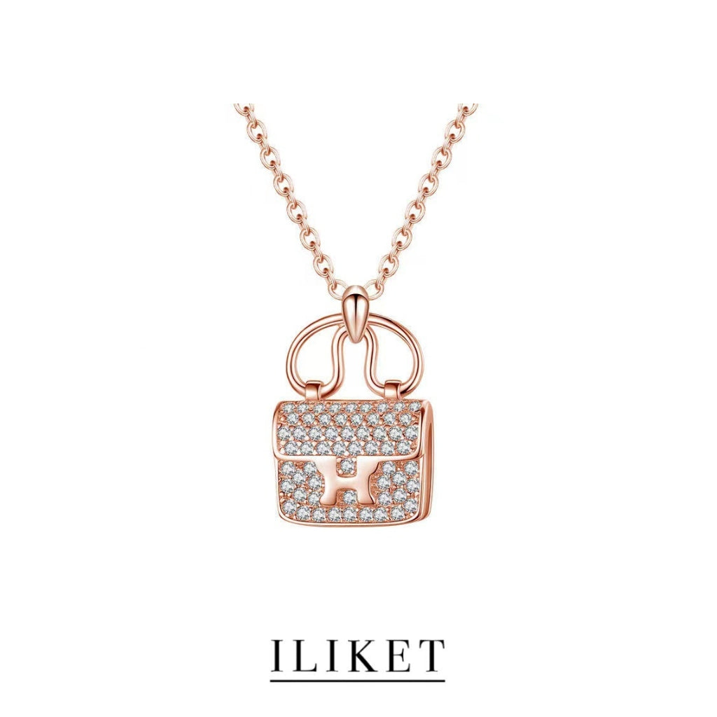 1:1 S925 silver with 18K rose gold full diamond necklace H bag pendant clavicle chain