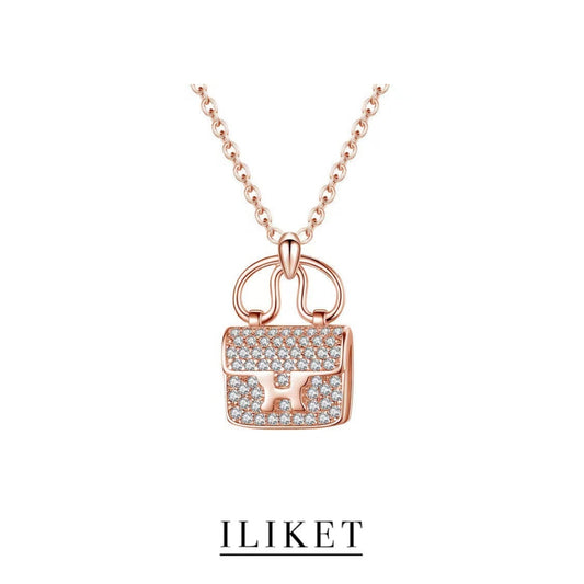 1:1 S925 silver with 18K rose gold full diamond necklace H bag pendant clavicle chain