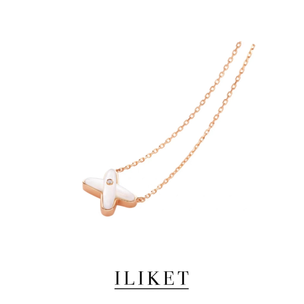 1:1 Cross Necklace 18k Rose Gold & white gold Natural white Shell Letter X Pendant Clavicle