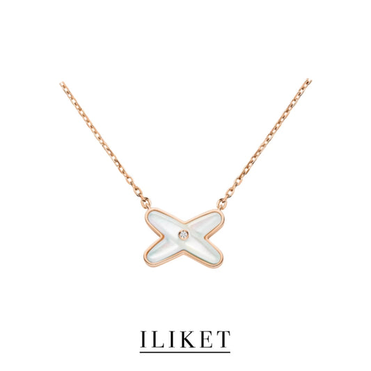 1:1 Cross Necklace 18k Rose Gold & white gold Natural white Shell Letter X Pendant Clavicle