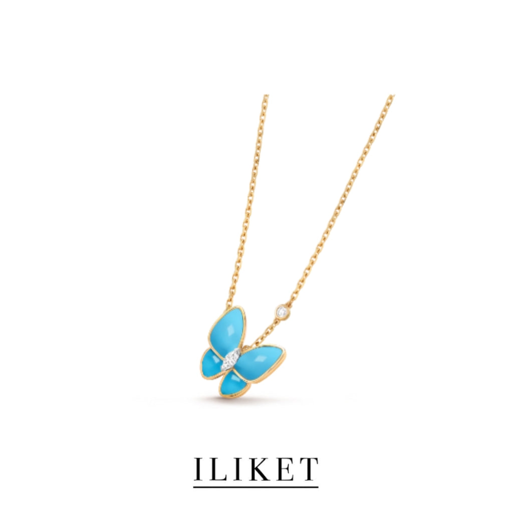 1:1 Two Butterfly pendant 18K yellow gold with Diamond & Turquoise elegant classic butterfly necklace Two Butterfly Pendant