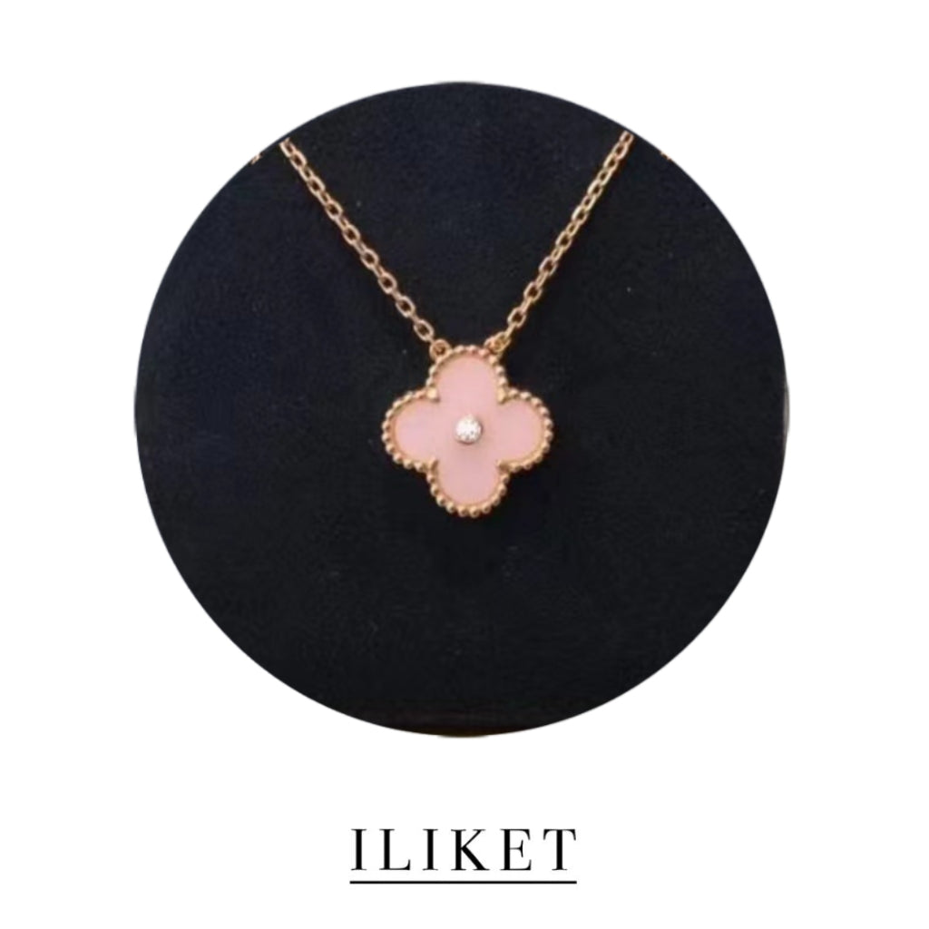 Single Diamond& plated 18k rose gold mother of  Pearl& pink& red &black &green Agate Clover Necklace Pendant Clavicle Chain