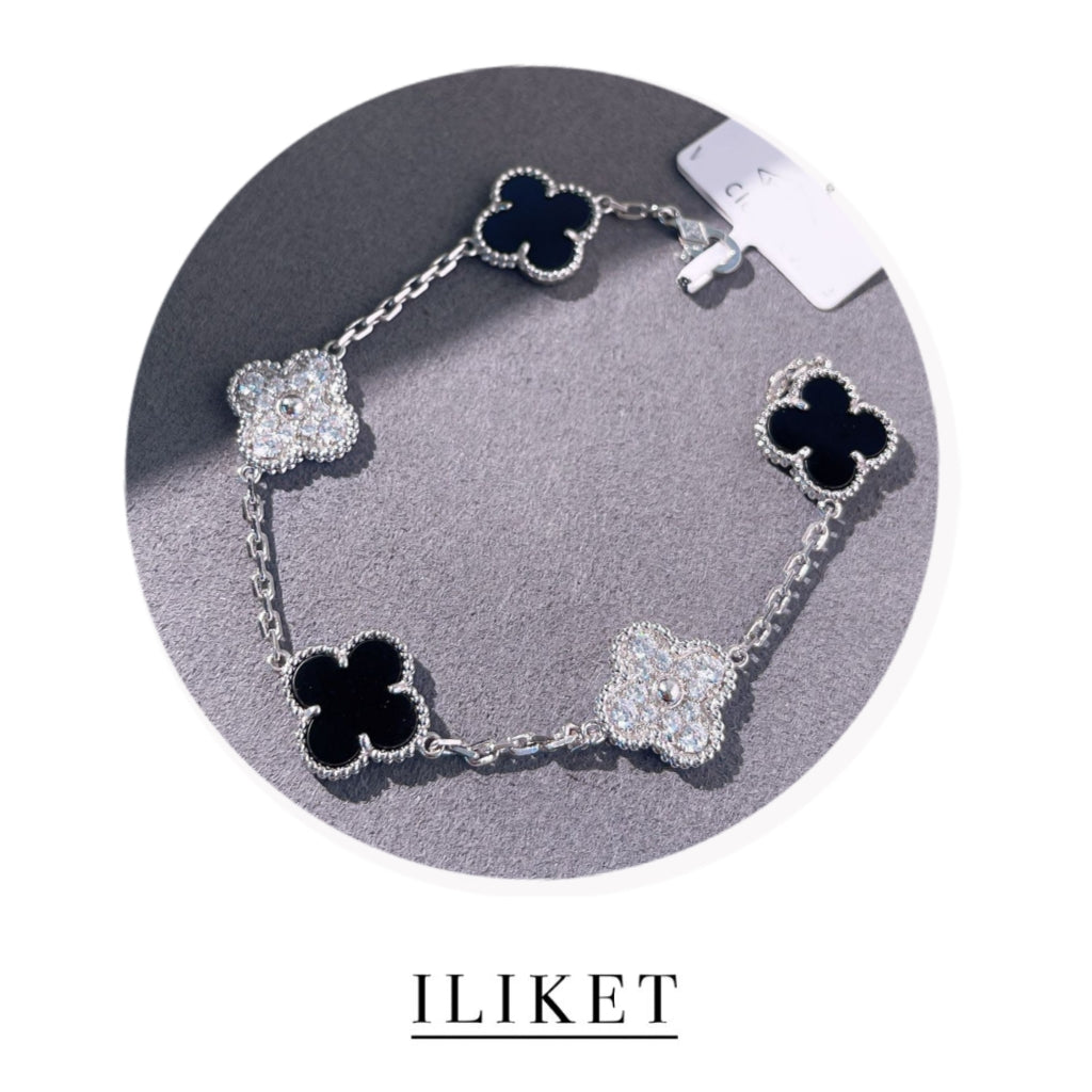 1:1 Clover Five-Flower Plated 18K white gold Natural black chalcedony & full diamond Bracelet