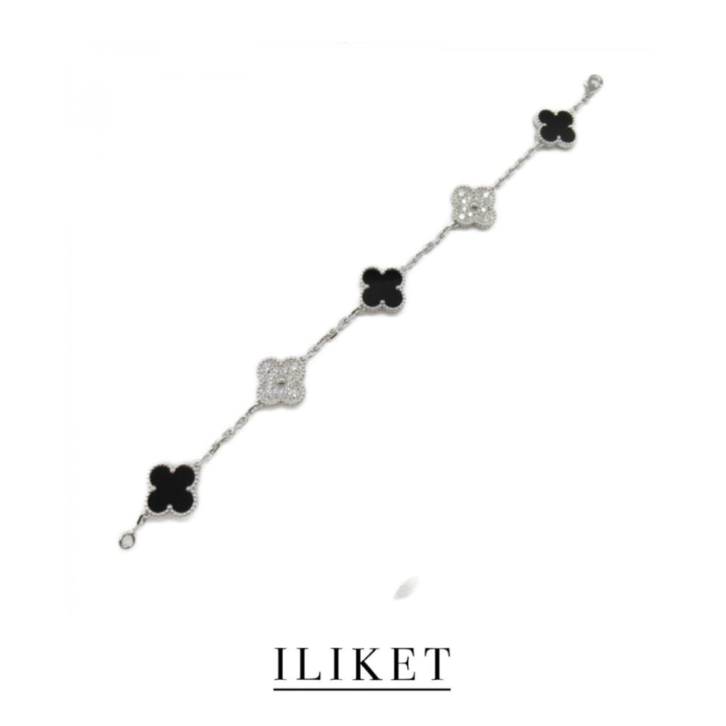 1:1 Clover Five-Flower Plated 18K white gold Natural black chalcedony & full diamond Bracelet