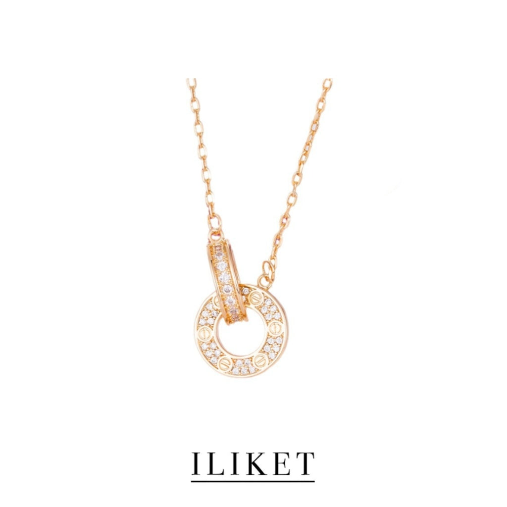 1:1 S925 silver rose gold &yellow gold &white gold full diamond Pendant LOVE necklace Interlocking Pave Necklace Double circle double buckle clavicle chain