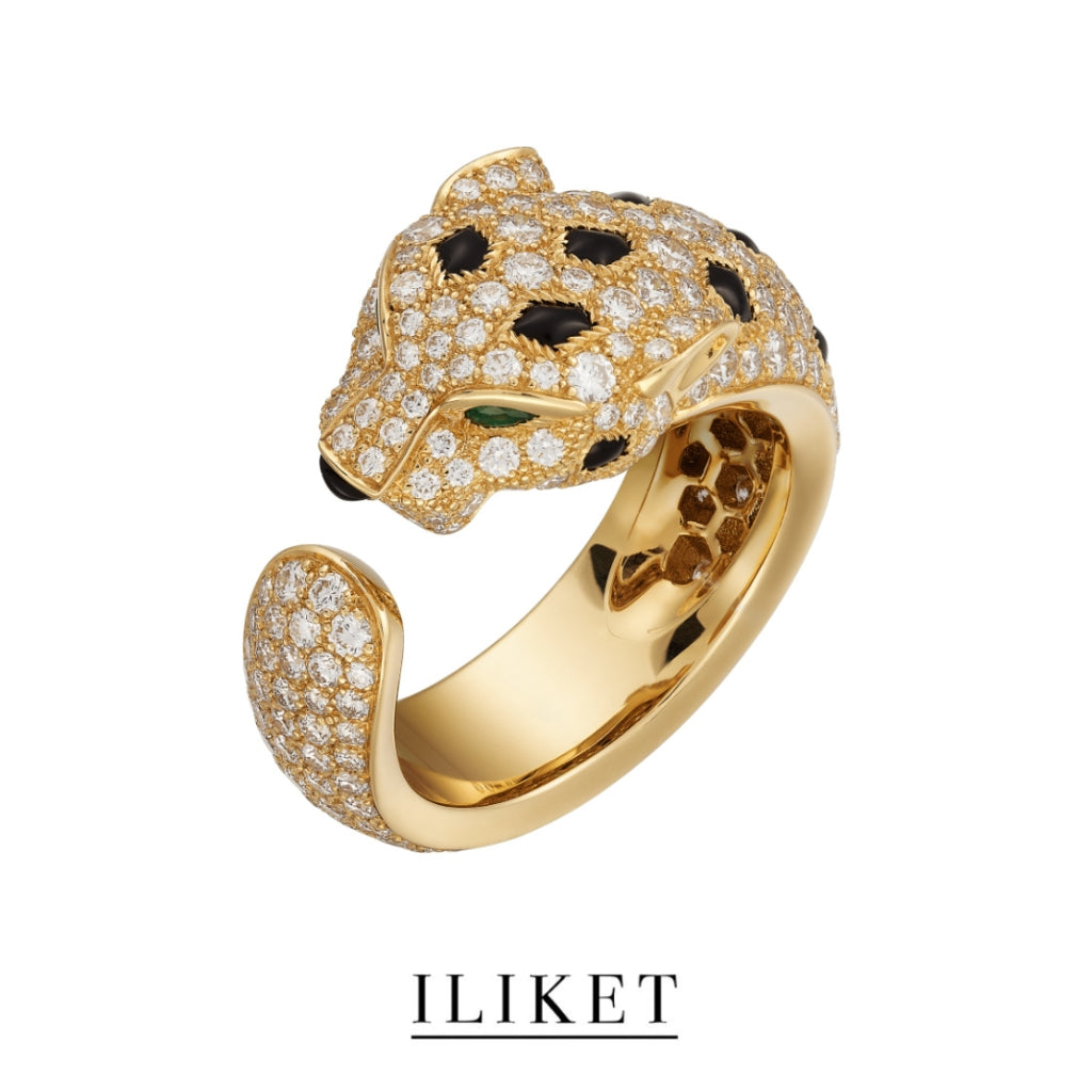 1:1 Panthere de ring adjustable 18K rose gold & onyx, set with 2 emeralds full diamond luxary gift Leopard head ring