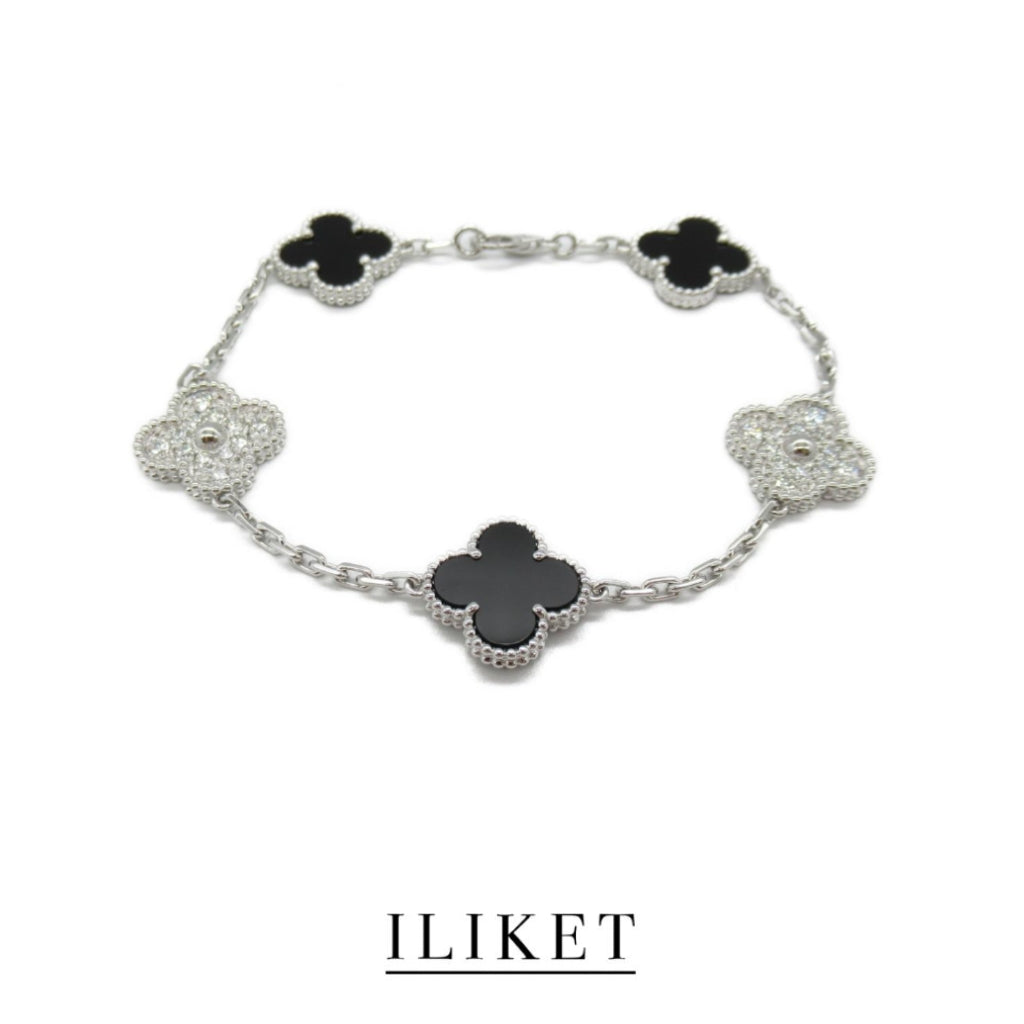 1:1 Clover Five-Flower Plated 18K white gold Natural black chalcedony & full diamond Bracelet