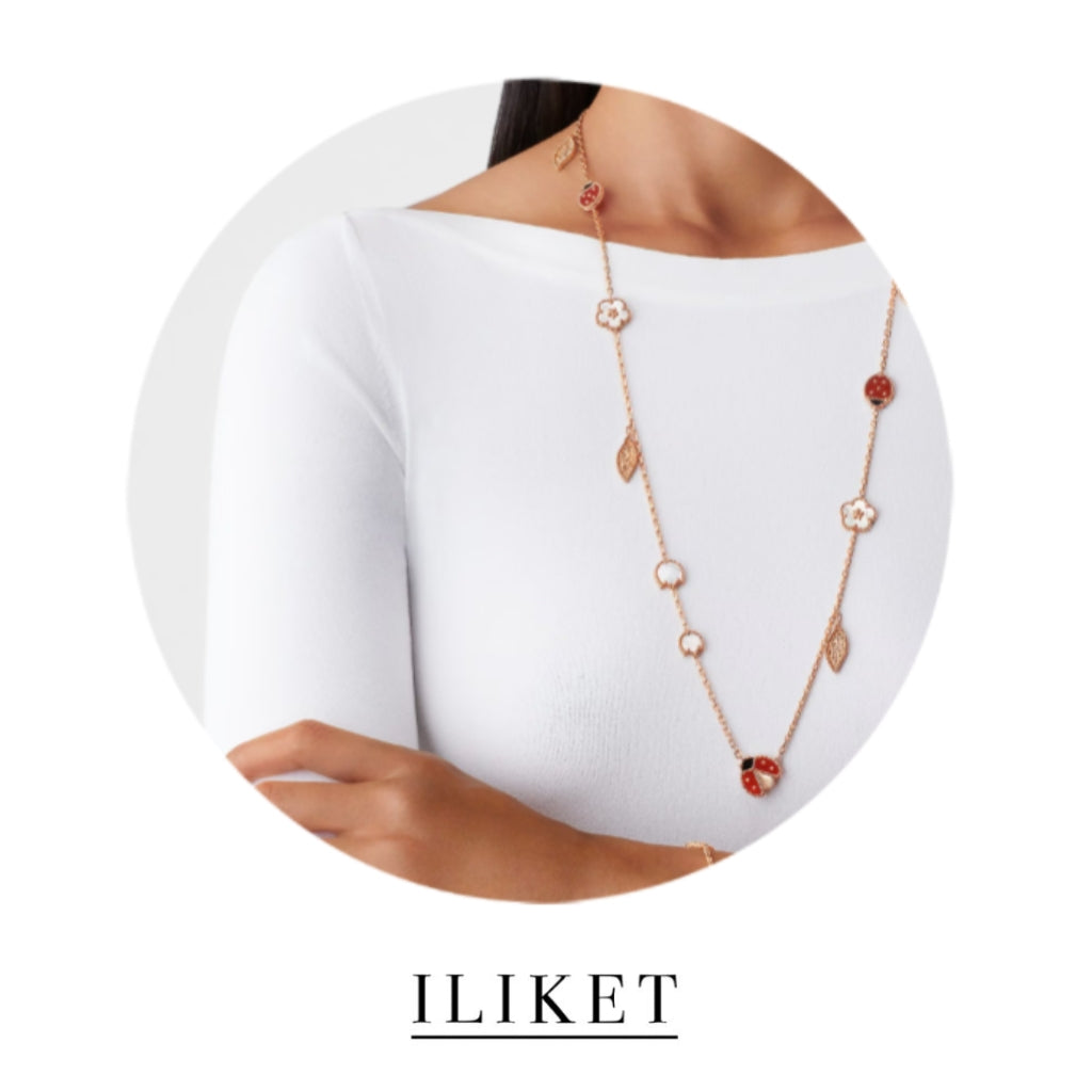 1:1 Lucky Spring long necklace, 15 motifs, 18K rose gold, Carnelian, Mother-of-pearl,Natural Onyx, ladybug necklace