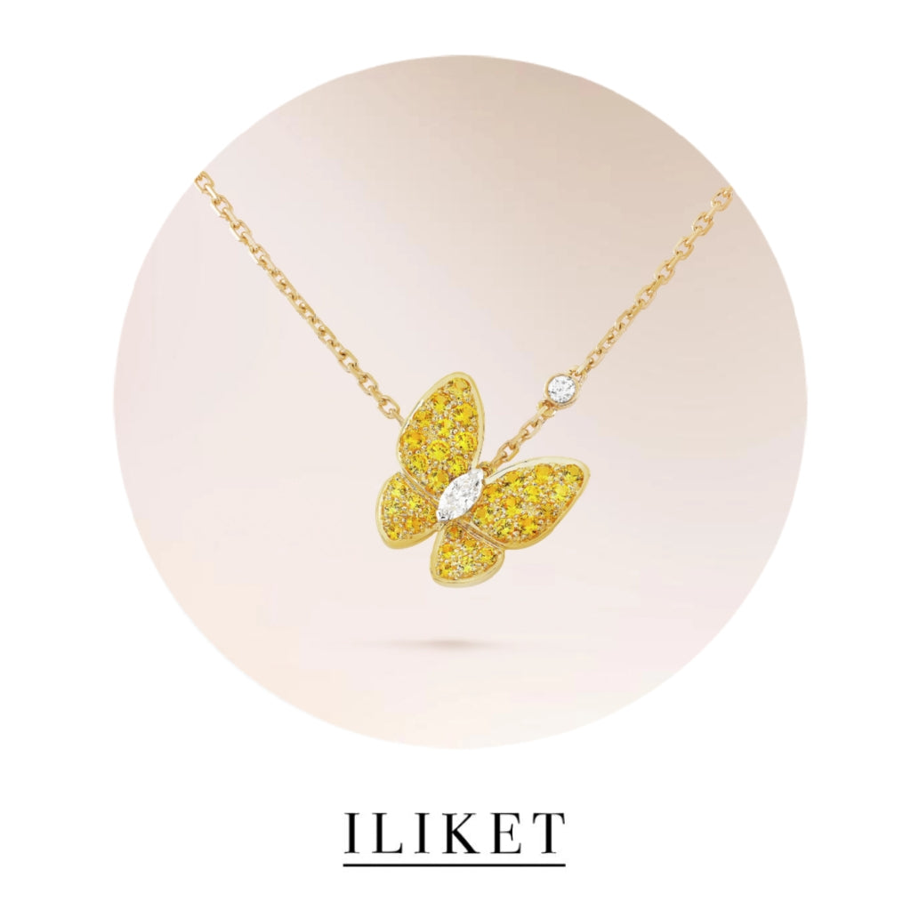 Two Butterfly pendant 18K yellow gold, full yellow Diamond Sapphire handmade elegant classic butterfly necklace Two Butterfly Pendant