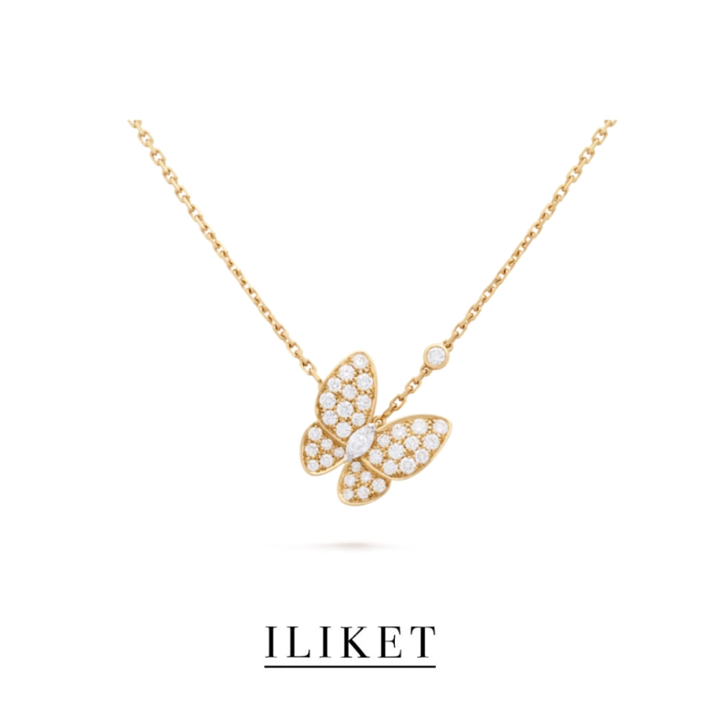 1:1 Two Butterfly pendant 18K yellow gold& rose gold& white gold, full Diamond, elegant classic butterfly necklace