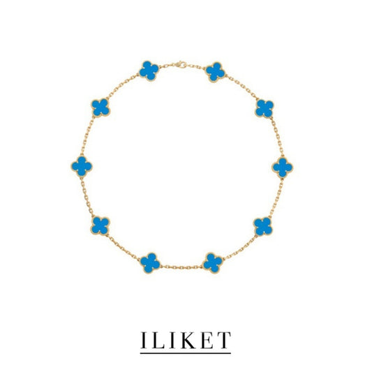 18k yellow gold Natural blue onyx Stainless ten-flower necklace gift four-leaf clover clavicle chain