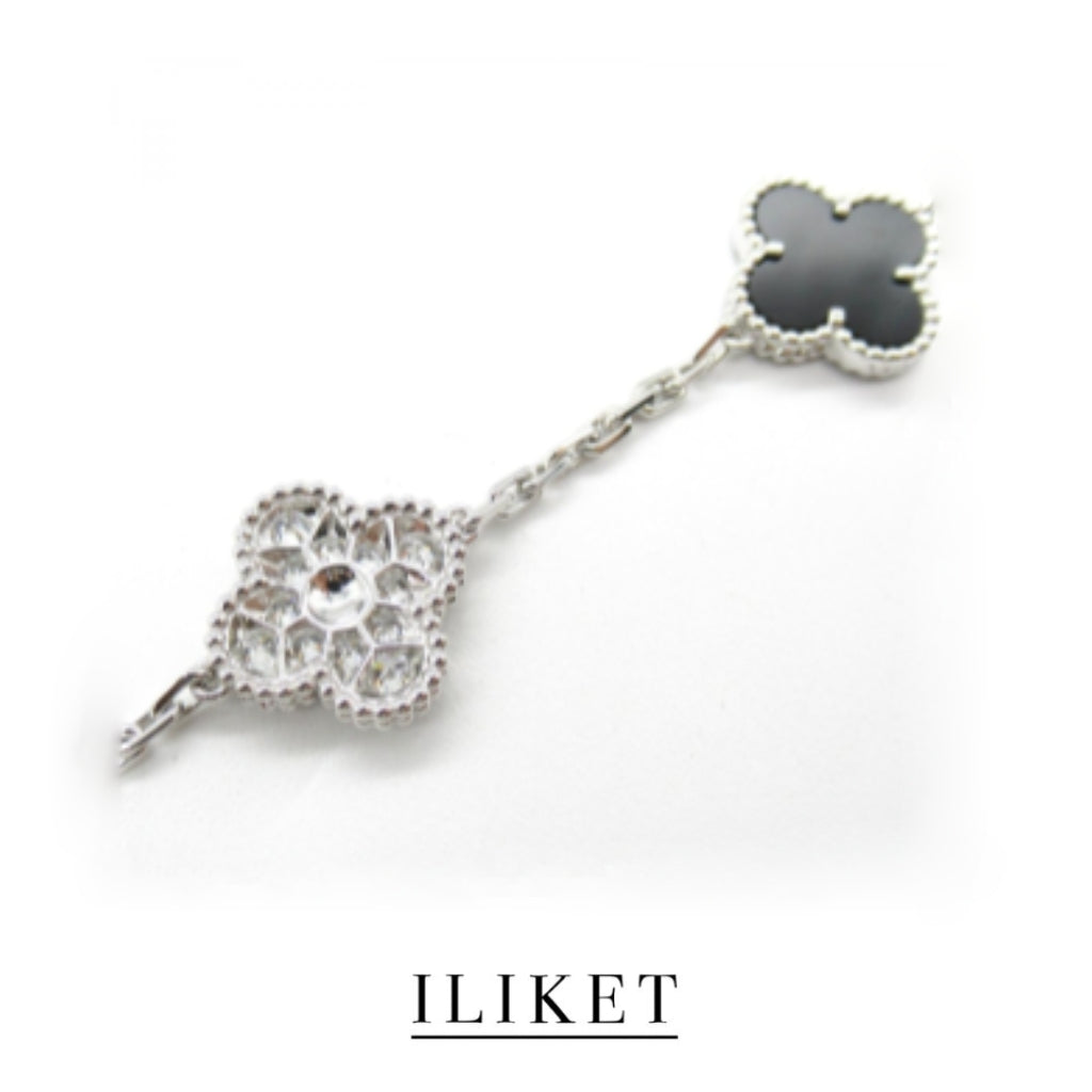 1:1 Clover Five-Flower Plated 18K white gold Natural black chalcedony & full diamond Bracelet