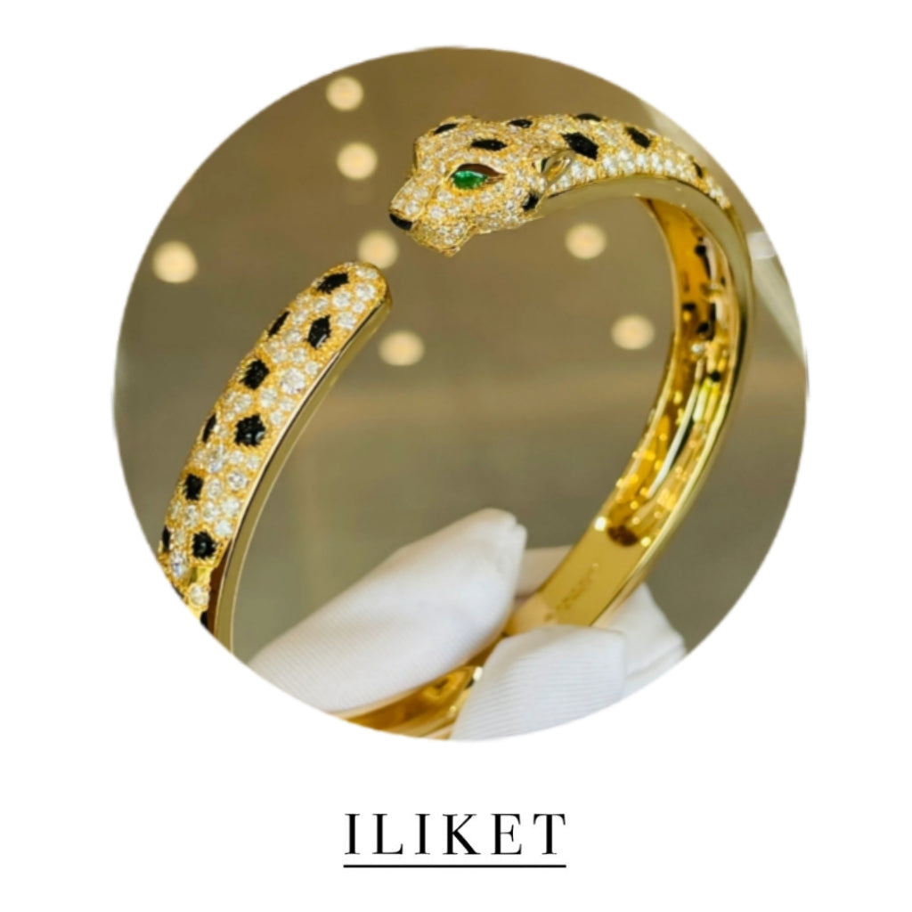 Panthere de bracelet 18K yellow gold &rose gold & white gold, onyx natural emeralds brilliant-cut full diamond classic luxary millionare leopard head bracelet