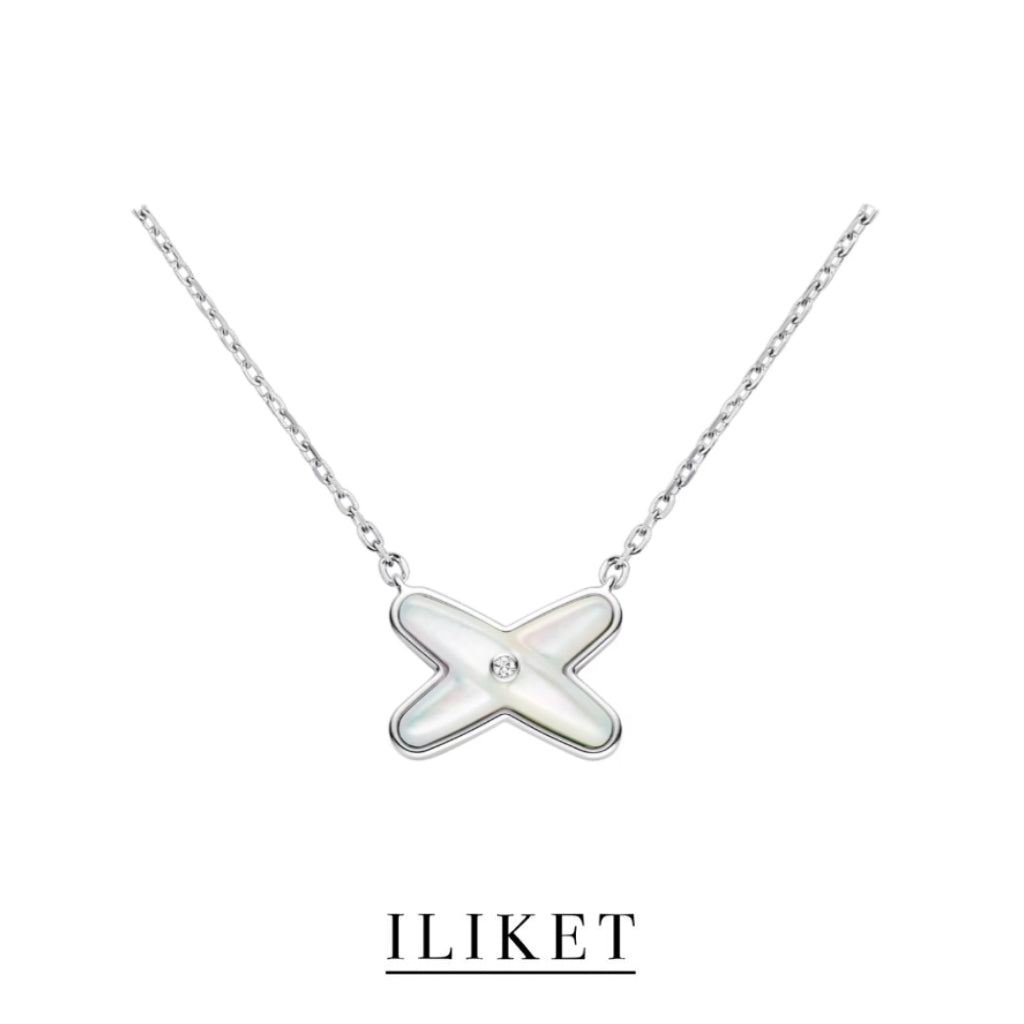 1:1 Cross Necklace 18k Rose Gold & white gold Natural white Shell Letter X Pendant Clavicle