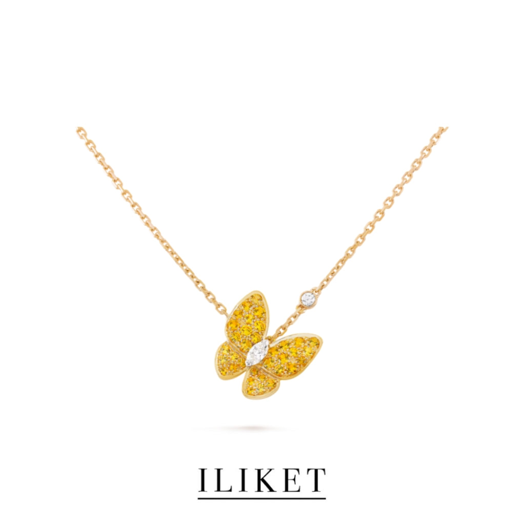 Two Butterfly pendant 18K yellow gold, full yellow Diamond Sapphire handmade elegant classic butterfly necklace Two Butterfly Pendant