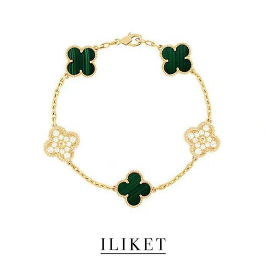 1:1 Clover Five-Flower Plated 18K yellow gold Natural green malachite & full diamond Bracelet