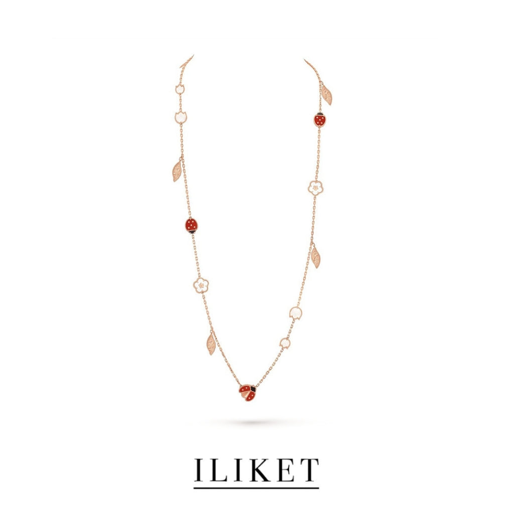 1:1 Lucky Spring long necklace, 15 motifs, 18K rose gold, Carnelian, Mother-of-pearl,Natural Onyx, ladybug necklace