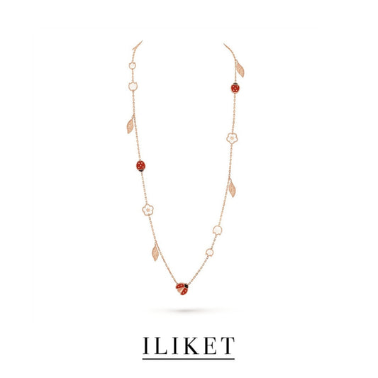 1:1 Lucky Spring long necklace, 15 motifs, 18K rose gold, Carnelian, Mother-of-pearl,Natural Onyx, ladybug necklace