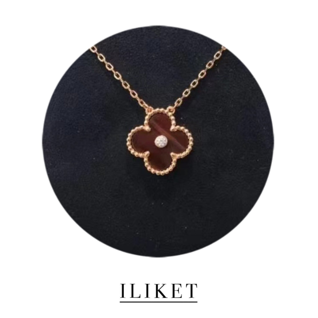 Single Diamond& plated 18k rose gold mother of  Pearl& pink& red &black &green Agate Clover Necklace Pendant Clavicle Chain