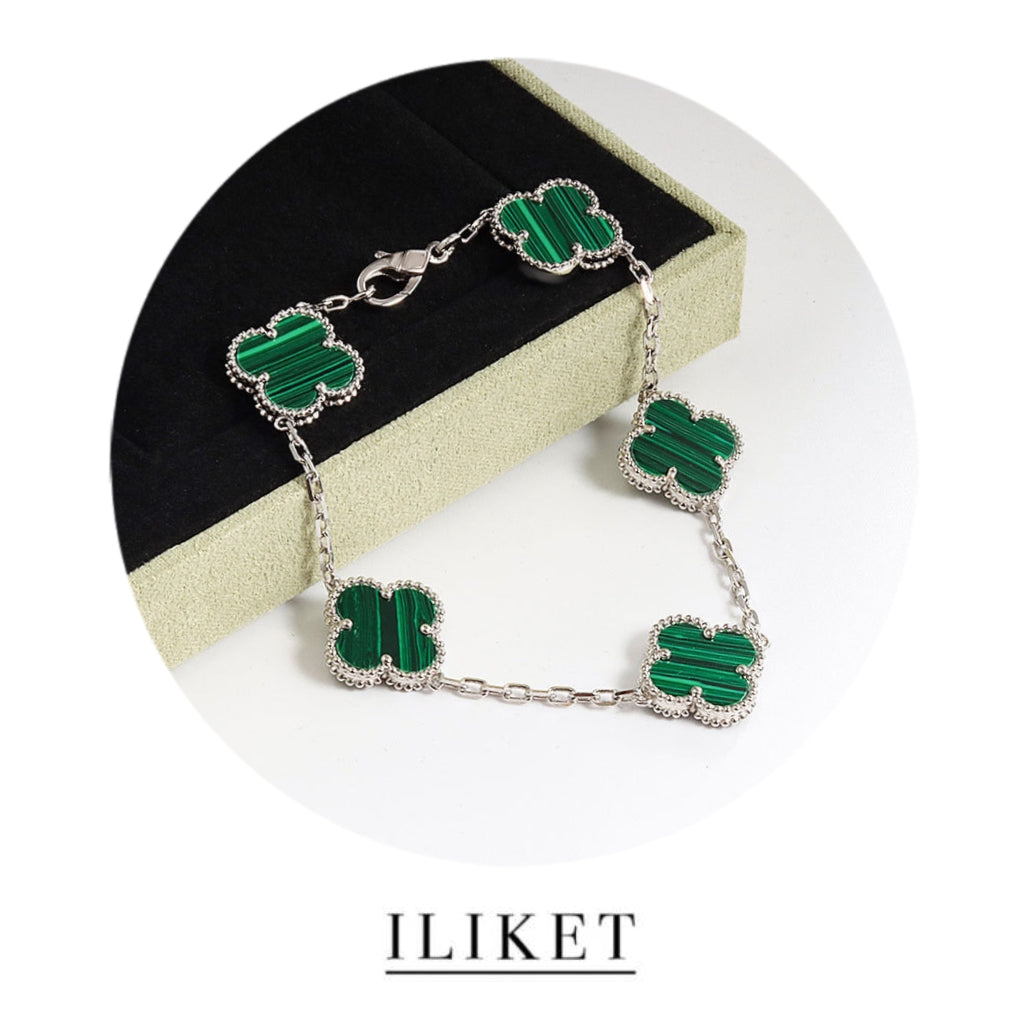 Clover Five-Flower Plated 18K white gold Natural green malachite chalcedony bracelet