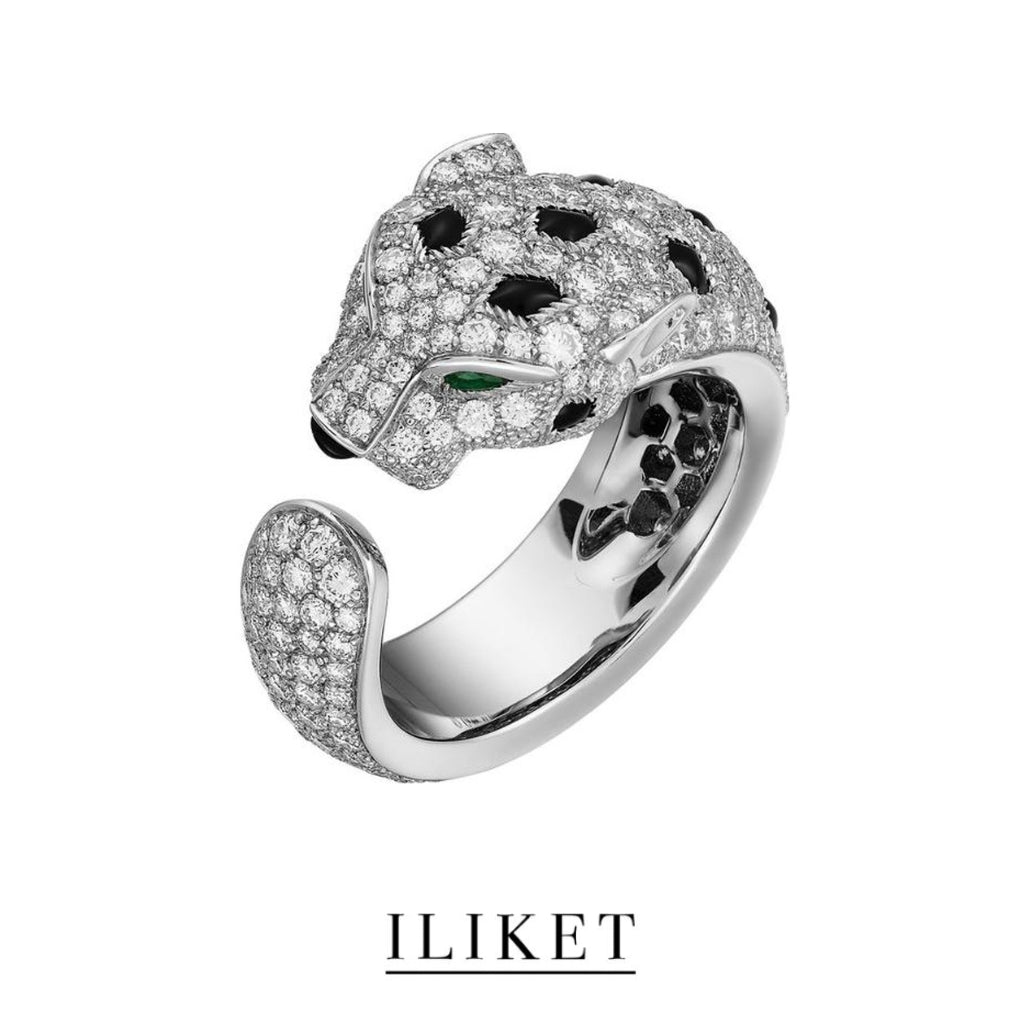 1:1 Panthere de ring adjustable 18K rose gold & onyx, set with 2 emeralds full diamond luxary gift Leopard head ring