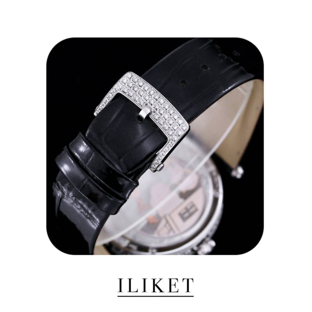 Spring Watch plated 18K white gold, Black crocodile leather strap Lover's bridge watch