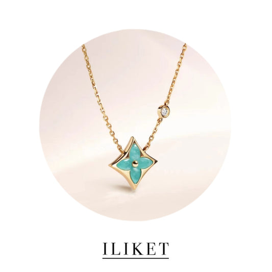 Blossom BB Singel flower blue Amazonite &Diamond single star shaped necklace