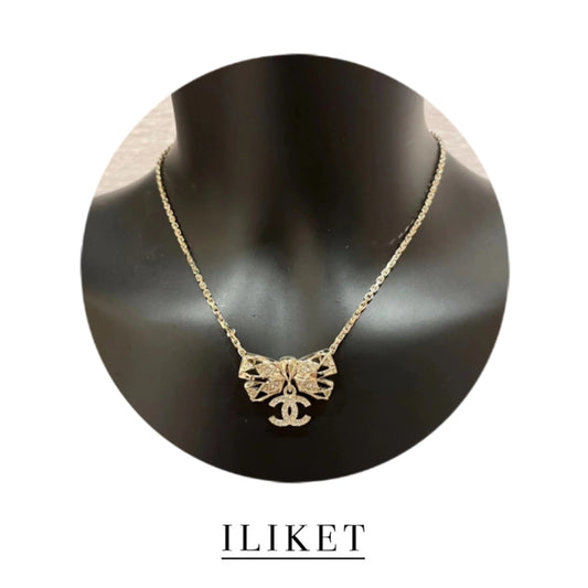 coco S925 silver &plated 18k yellow gold &crystal &pearl necklace double C butterfly knot& water drop Choker