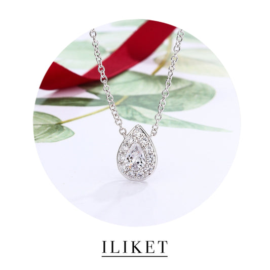 Pear Diamond Solitaire Floating Halo Pendant plated 18K white Gold water drop diamond classic   necklace