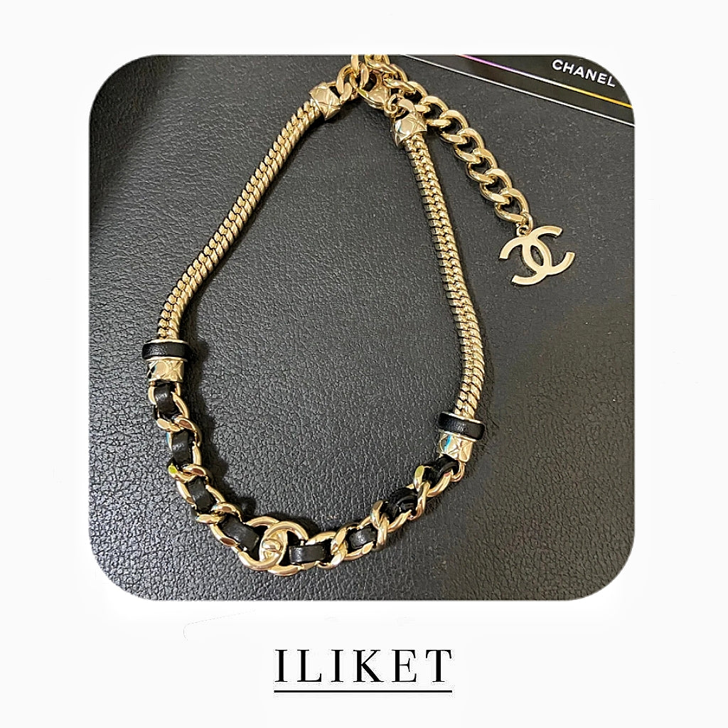 CoCo S925 silver plated 18k yellow gold &Black Leather Necklace double C Choker with logo official size weave Necklace