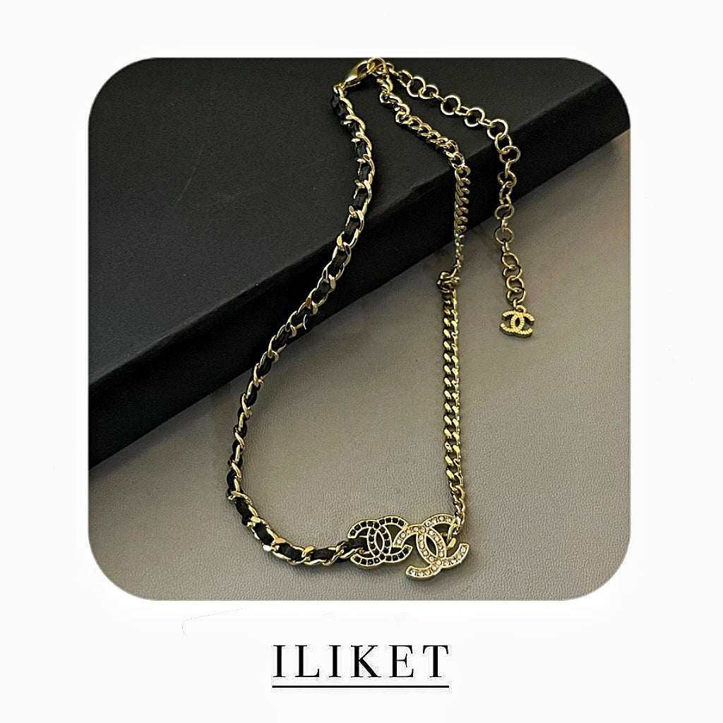 CoCo S925 silver plated 18k yellow gold &Black Leather  Classic Weave Chain 2 double C Necklace