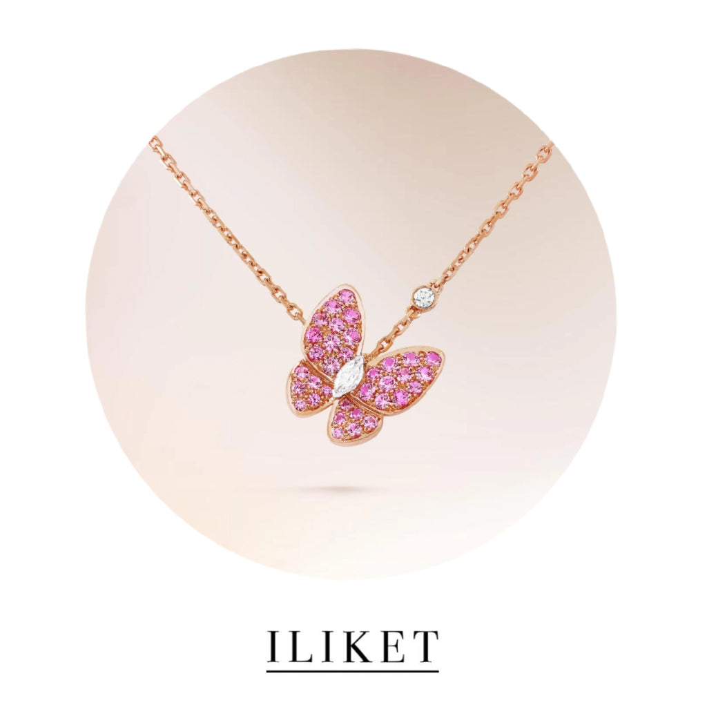 1:1 Two Butterfly pendant 18K rose gold, full Pink Diamond handmade elegant classic butterfly necklace Two Butterfly Pendant