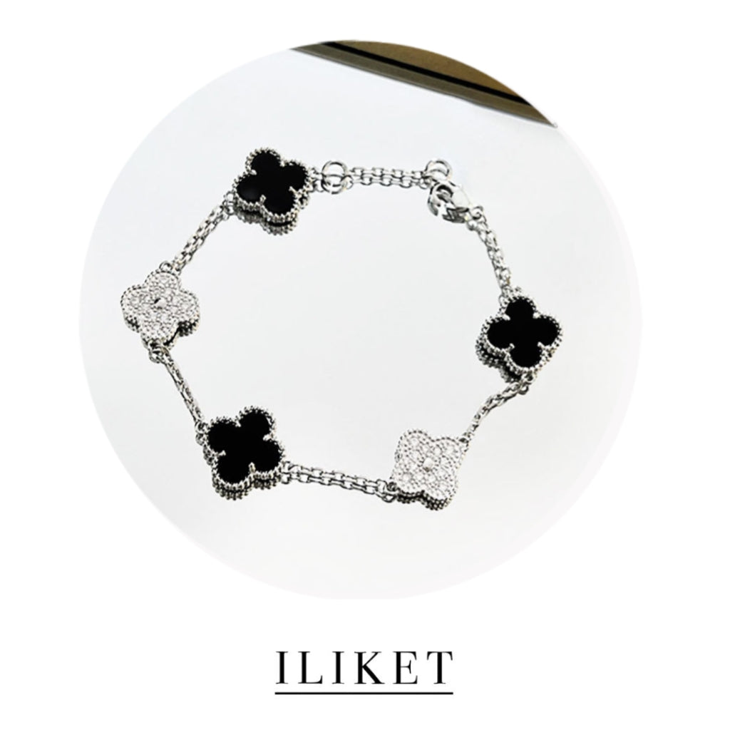 1:1 Clover Five-Flower Plated 18K white gold Natural black chalcedony & full diamond Bracelet