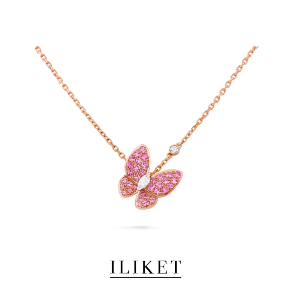 1:1 Two Butterfly pendant 18K rose gold, full Pink Diamond handmade elegant classic butterfly necklace Two Butterfly Pendant