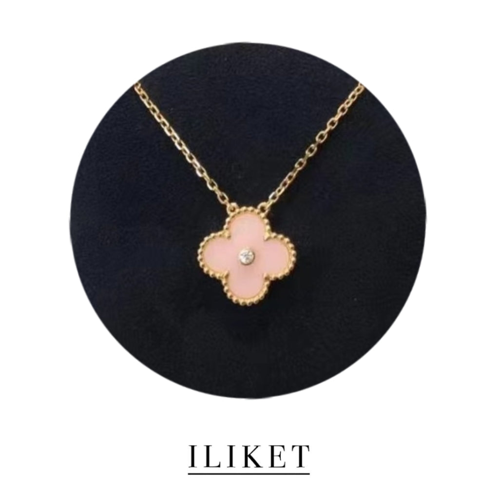 Single Diamond& plated 18k rose gold mother of  Pearl& pink& red &black &green Agate Clover Necklace Pendant Clavicle Chain