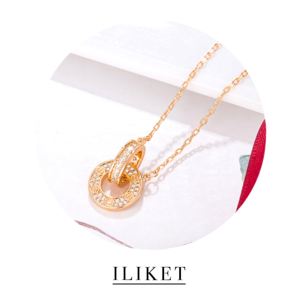 1:1 S925 silver rose gold &yellow gold &white gold full diamond Pendant LOVE necklace Interlocking Pave Necklace Double circle double buckle clavicle chain