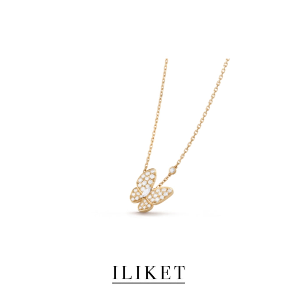 1:1 Two Butterfly pendant 18K yellow gold& rose gold& white gold, full Diamond, elegant classic butterfly necklace