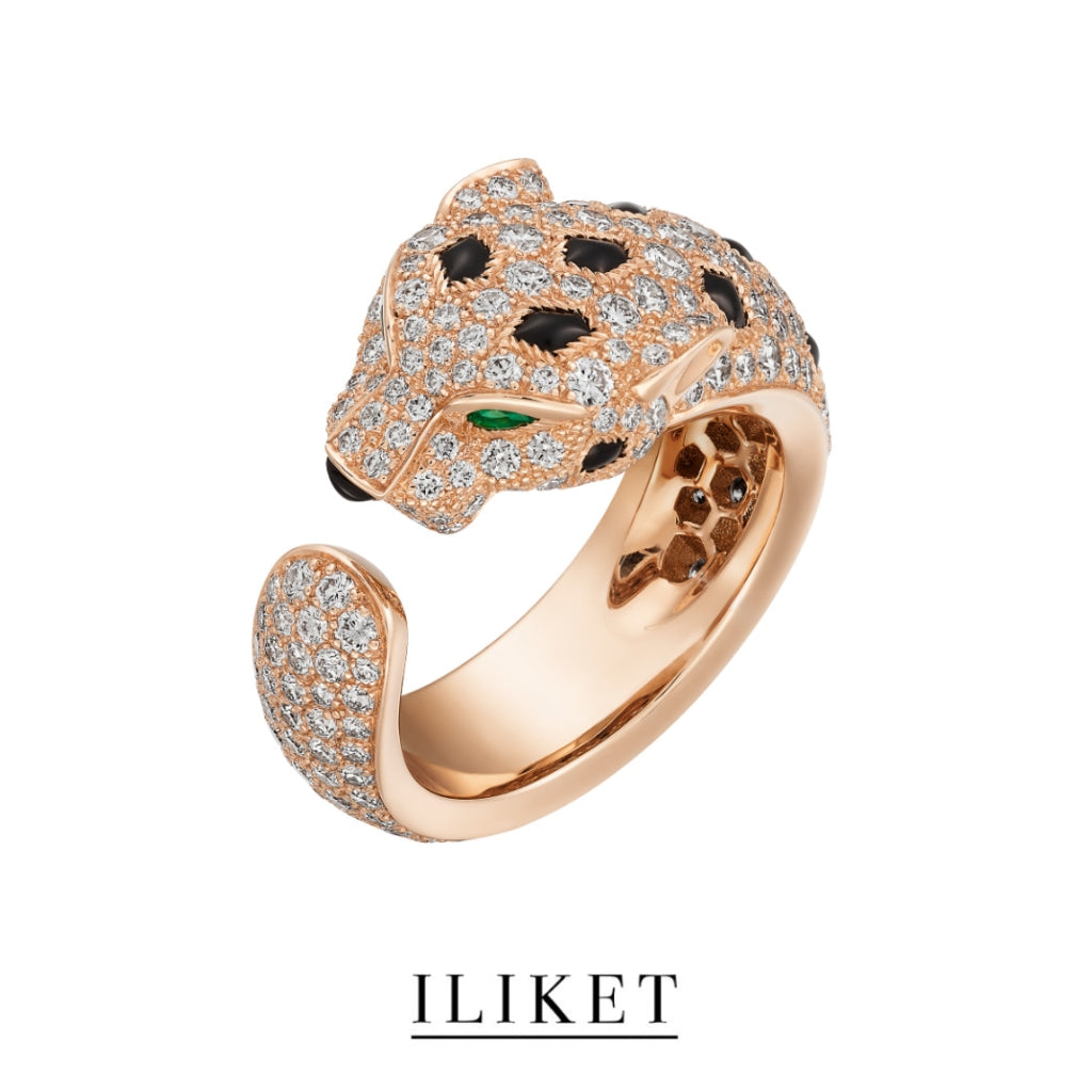 1:1 Panthere de ring adjustable 18K rose gold & onyx, set with 2 emeralds full diamond luxary gift Leopard head ring