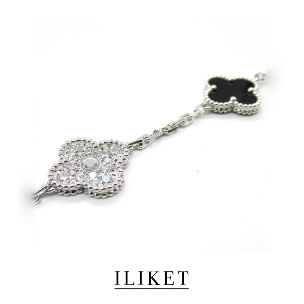 1:1 Clover Five-Flower Plated 18K white gold Natural black chalcedony & full diamond Bracelet