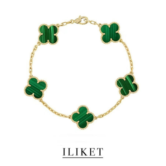 1:1 Clover Five-Flower Plated 18K yellow gold & rose gold Natural green malachite Bracelet