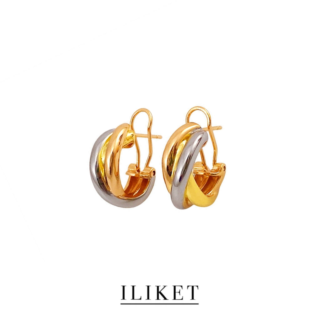 1:1 simple non-tarnish V gold 18k rose gold triple ring tri-color earrings classic gold color blocking earrings