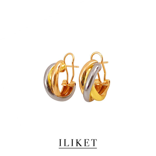 1:1 simple non-tarnish V gold 18k rose gold triple ring tri-color earrings classic gold color blocking earrings